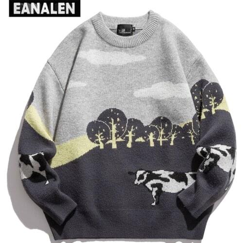 Harajuku vintage cow sweater men oversized fashion Winter animal knitted pullover women jumper anime grandpa ugly sweater