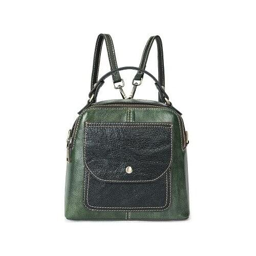 Women vintage real leather backpack for female cowhide black green small daypack retro multifunctional