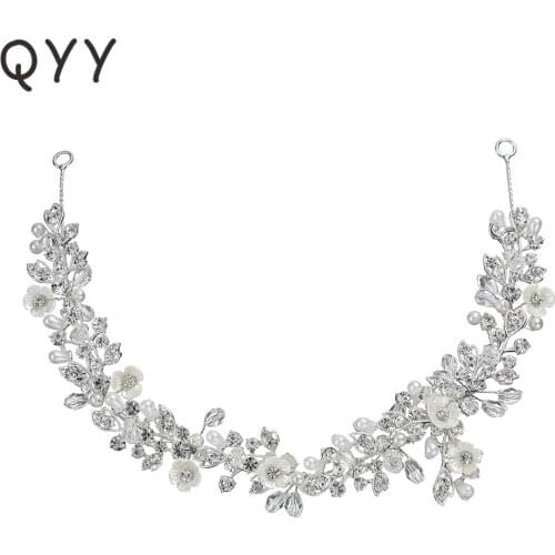 QYY Fashion Small White Flower Handmade Wedding Headband Bridal Hair Accessories Rhinestone Hair Vine Women Tiaras and Crown