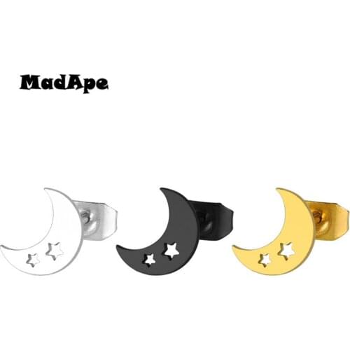 MadApe 2019 New Fashion Jewelry Moon Star Earrings 316L Stainless Steel Gold Black Silver Color Stud Earrings For Women Jewelry