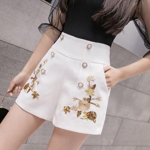 Summer 2021 Spring Women Ladies High Waisted Embroidery White Black Shorts , Woman Wide Leg Double Breasted Shorts