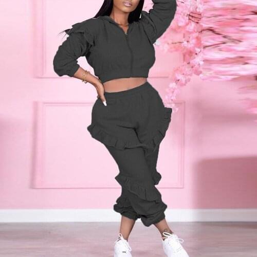 Womens Stringy Selvedge Zipper Hoodies Trousers Suits Long Sleeve Crop Top High Waist Elastic Pants Sets Ladies 2021Autumn