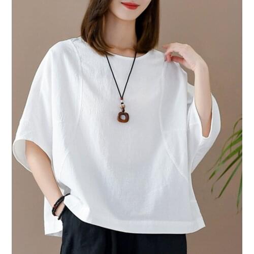 Johnature Summer New Solid Color Cotton Linen Patchwork O-neck Short Sleeve Pullover T-shirt 2021 Simple Comfortable Women Tops