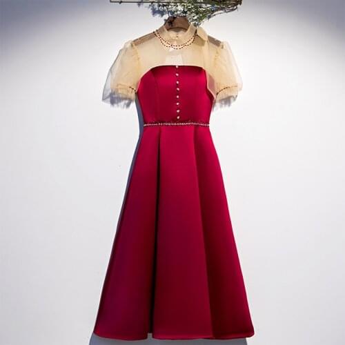 Bespoke Occasion Dresses Illusion High Short Beading Sequined Pearls Lace Satin Luxury Burgundy Women Formal Evening Gown HB201