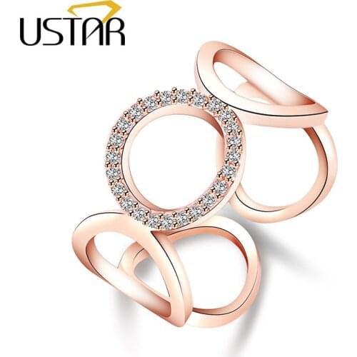 USTAR Hollow out Round Crystals wedding Rings for women AAA Zircon finger Engagement ring female Jewelry Opening adjustable size