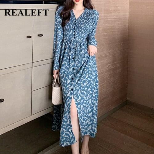 REALEFT 2021 New Floral Printing V-Neck Womens Shirts Dress Spring Summer High Waist Bohemian Female Long Dress Vestidos femme