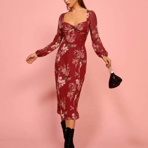 2020 new autumn retro look thin temperament square neck waist long sleeve red print dress side slit dress A648