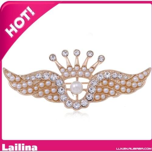 Golden Tone Faux Pearl Bead Rhinestone Crown Angel Wings Fashion Pin Brooch