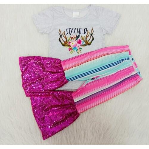 2020 Fashion Childrens girl flower design short-sleeved Tops bell sequins Stripe pants boutique Clothing Set