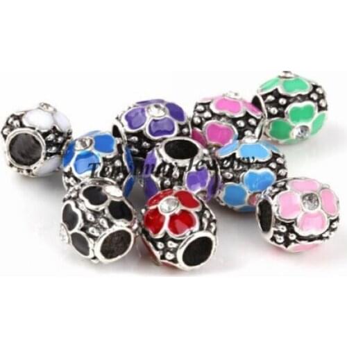 Retro Flower Rhinestone Big Hole Beads For Snake Chain Bracelet DIY 50pcs Wholesale