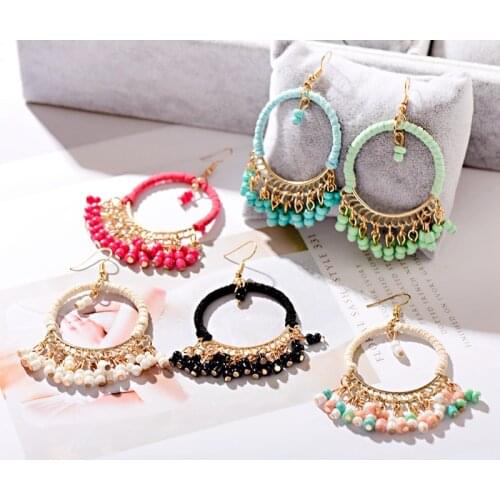 6 Color Acrylic Beads Tassel Hanging Earrings For Women Handmade Ethnic Brincos Big Round Line Earrings Wedding Jewelry