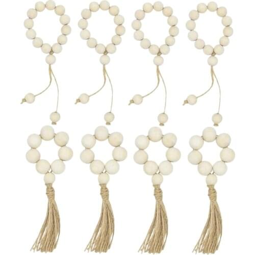 8Pcs Wood Bead Napkin Rings Natural Rustic Farmhouse Beaded Napkin Rings With Tassels Home Table Decoration Wall Hanging-ABUX