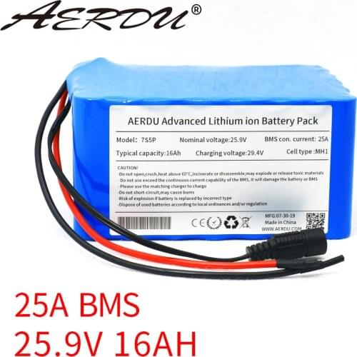 AERDU 24V 16Ah 500W 29.4v 25.2v 18650 Lithium-ion battery pack Built-in 25A BMS electric bike unicycle scooter wheelchair motor