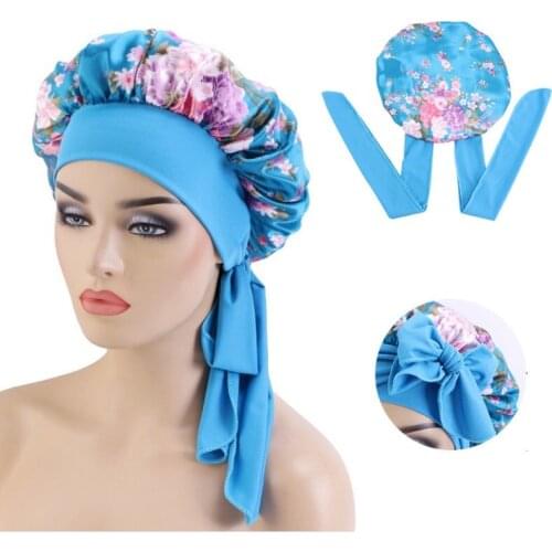 Flower Print Satin Bonnet with Wide Stretch Ties Long Hair Care Women Night Sleep Hat Adjust Hair Cap Silk Head Wrap Shower Cap