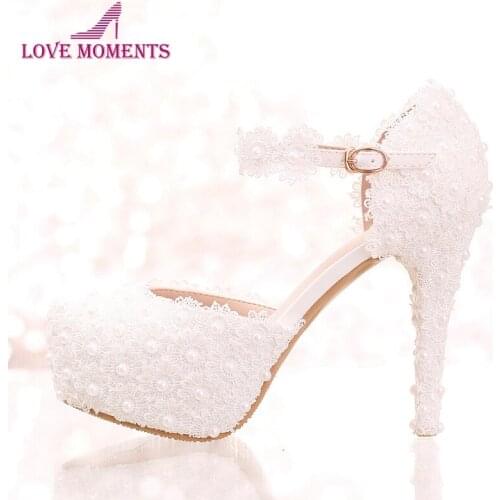 White Lace Flower Bridal Shoes High Heel Round Toe Fashion Wedding Pumps with Ankle Straps Women Sandals Bridesmaid Shoes