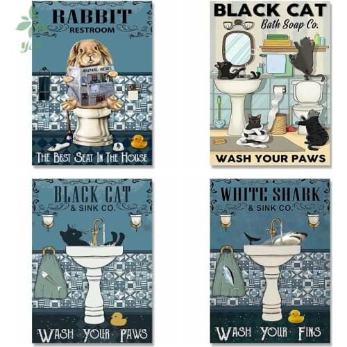 Black Cat Shark Rabbit Raccoon Poster Quote Print Bathroom Art Toilet Canvas Painting Pictures Room Wall Decor