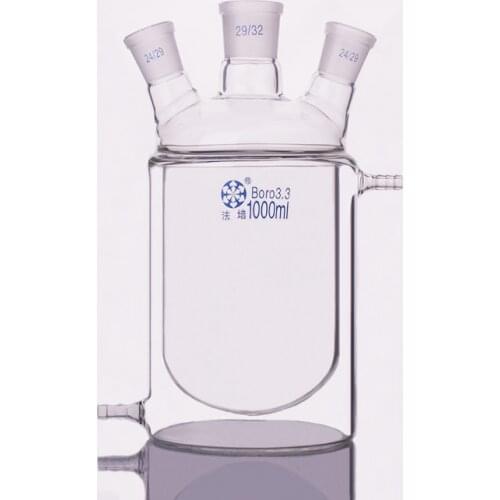 Double-deck cylindrical three-necked bottom flask,Capacity 1000ml,Mid 29/32,Side 24/29,Mezzanine jacketed reactor bottle