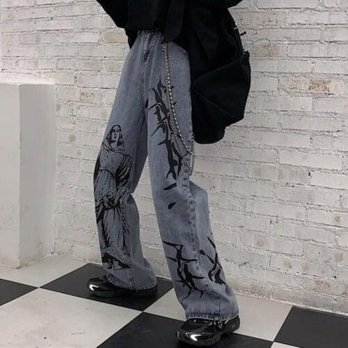 2021 Spring New Summer Fashion Ins Street Hip-hop Printing Wash Jeans Loose Casual Denim Wide Leg Pants Tide Woman dark academia