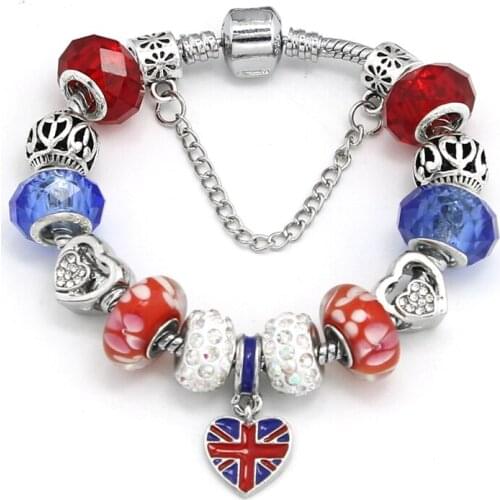 KEORMA 2018 New Design National Flag Series the Union Jack Heart Shape Pendant Silver Plated Charm Beads Bracelet&Bangle Jewelry