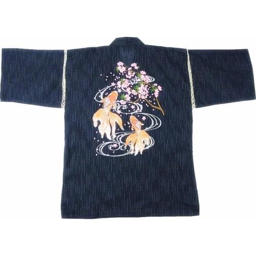 Japan Style Jinbei Haori Kimono Men Pure Cotton Pajamas Woven Cotton Mens Bathrobes Home Clothing Sakura Goldfish Totem Asian