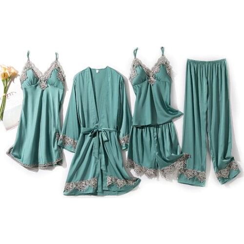 5PCS Lace Pajamas Suit Women Kimono Robe Gown Sets Sexy Rayon Home Clothes With Pads Summer Nightwear V-Neck Casual Sleepwear