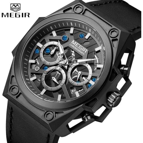Top Brand MEGIR Men Watches Big Dial Leather Luminous Waterproof Sport Quartz Watch Men Clock Luxury Chronograph Reloj Hombre