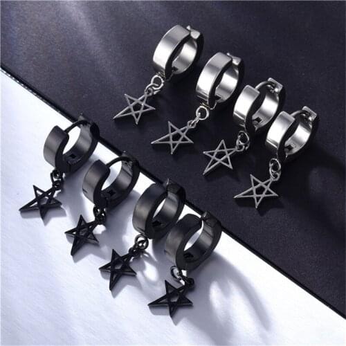 Luokey Men Punk Goth Stainless/Titanium Steel Earring Black Star Fashion Hoop Earrings For Women Charm Brincos Jewelry Wholesale