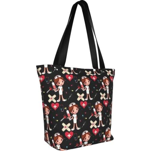 New Fashion Women Eco-Friendly Shopper Tote Bag Cartoon Nurse Pattern Canvas Shoulder Bag Teen Girl Book Bag bolsa tela