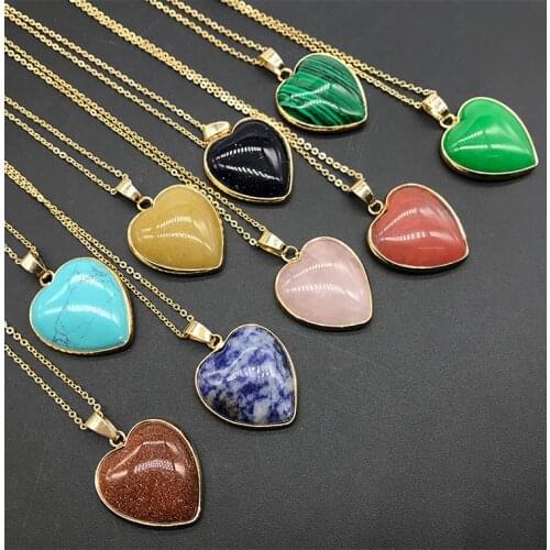 New Women Lovers Jewelry Gold Color Heart Necklaces Real Natural Amethysts Agates Opal Tiger Eye Quartz Stone Pendant Necklaces