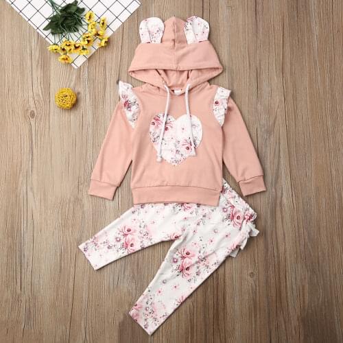 Pudcoco Newborn Baby Girl Clothes Flower Print Peach Heart Long Sleeve Hooded Tops Long Pants 2Pcs Outfits Cotton Clothes