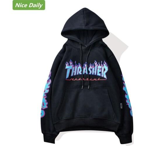 NiceDaily Autumn Winter Mens Hoodie Flame Printing 100% Cotton Skateboard Sweatshirt High Street Classic Fashion Hip-Hop Warm