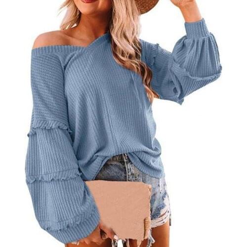 Newe Autumn Winter Women Loose Blouse Solid Color Waffle Autumn Winter Lantern Sleeve Ruffles V Neck Tunic Tops Pullover