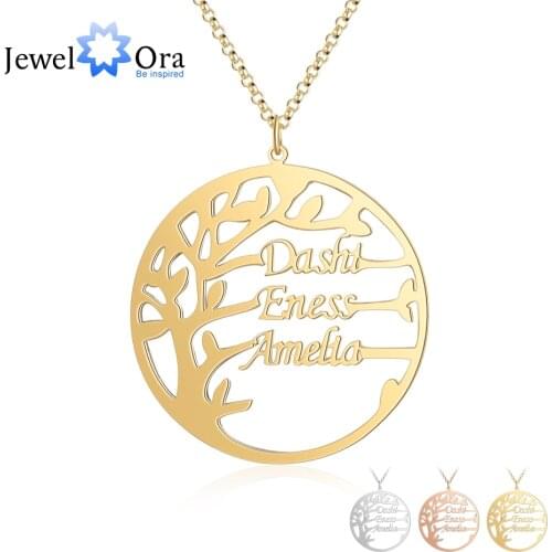 Personalized Family Tree Necklace Customized Nameplate with 3 Names Round Tree of Life Pendant Birthday Gifts for Mom (NE103796)