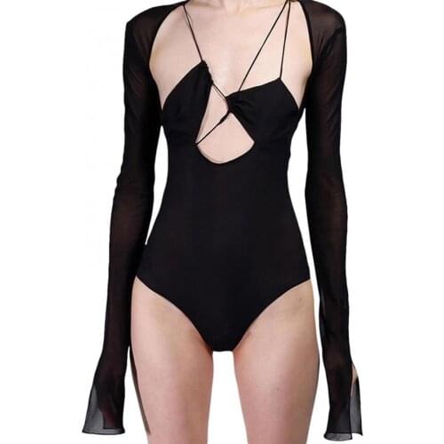 Ladies Sexy Deep V-neck Bodysuits Fashion Casual Sport Jumpsuits Hollow Short Section Slim Lace Long Sleeve Rompers Plus Size