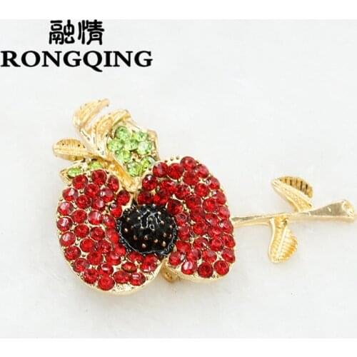 RONGQING 1pcs Hot Red Rhinestone Flower Brooches for Teens Girls Crystal Rhinestone Christmas Gift