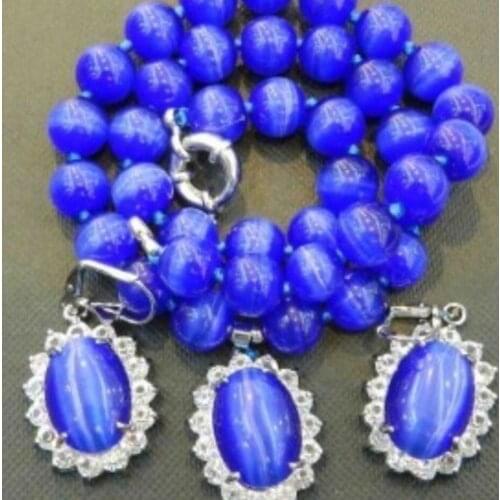 Sapphire Blue Mexican Opal Round Beads Gems Pendant Necklace Earring Set 18"