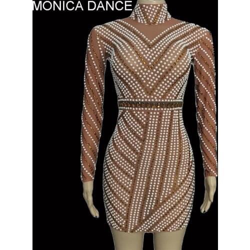 Sexy Stage Tan Color Transparent Stretch Dress White Pearls Rhinestones Sexy Dance Stones Outfit Stage Performance Costume