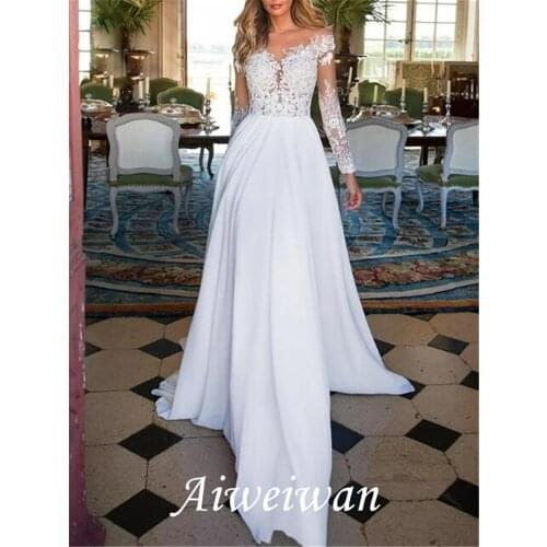 A-Line Wedding Dresses V Neck Sweep / Brush Train Chiffon Lace Long Sleeve Romantic Illusion Sleeve with Beading 2021