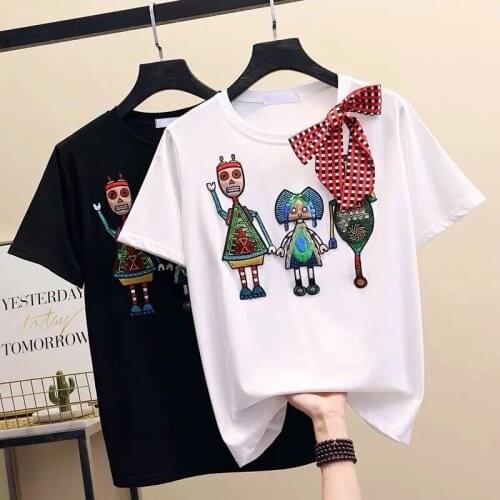 Cotton Cute Sequins Bows Tshirt Streetwear Summer Appliques T Shirt Women Harajuku Short Sleeves Tops Tee Tshirt Funny SY223