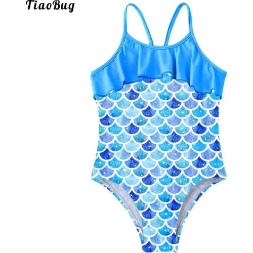 TiaoBug Summer 4 To 16 Years Kids Girls One-Piece Swimsuit Leotard Straps Hollow Out Ruffle Trim Bodysuit Beach Swimwear