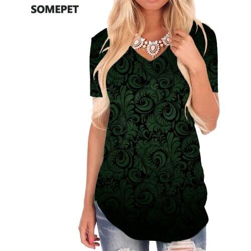 SOMEPET Abstract T-shirt women Psychedelic Tshirts Printed Art V-neck Tshirt Green Funny T shirts Womens Clothing Summer