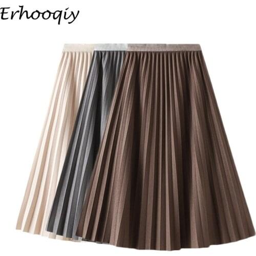 Womens Casual Pleated Midi Long Skirt Female Autumn Winter All-Match High Waist Skirts Korean Style Lady Solid Skirt Jupe Faldas