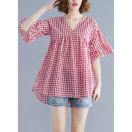 Fashion wild T-shirt summer womens 2020 Casual loose large size V-neck flared sleeves checked pullover T-shirt Cheap D15