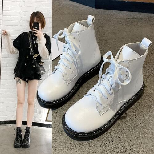 2021 Black Platform Combat Ankle Boots For Women Lace Up Buckle Strap Woman Shoes Winter Biker Boots Big Size