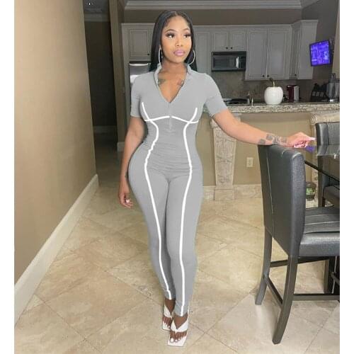 Womens Summer Jumpsuit Short Sleeve Zipper Casual Pants Jumpsuit Women Zippers Rib Bodysuit Skinny Playsuit Overalls