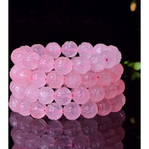 Genuine Natural Pink Rose Quartz Bracelet Madagascar Stretch Crystal 10mm 8mm Woman Carved Lotus Round Beads AAAAA
