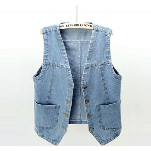 Womens Sleeveless Short Vest Jacket Summer Waistcoat Female Boyfriend Denim Vest Single-breasted Plus Size Jeans Coat HOWDFEO