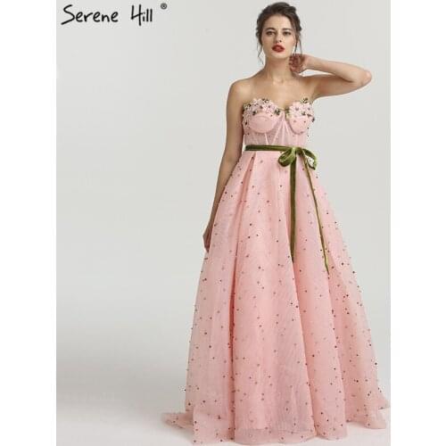 Long Pink Beaded Pearls Formal Evening Party Prom Gown Dress With Sashes Gowns Dresses Robe De Soiree 2020 BLA6490