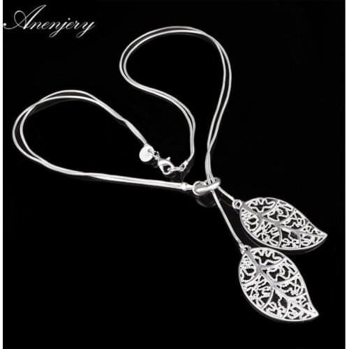 ANENJERY 925 Sterling Silver Necklace Hollow Flowers Leaves Pendant Necklace For Women Choker S-N25