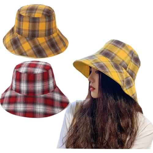 2021 Japanese Harajuku Classic Lattice Double-sided Fisherman Hat Trendy Korean Casual Wild Sun Hat Summer Cap for Women Girls